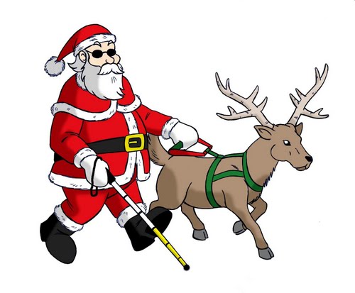 Descrição da imagem: Papai Noel caminhando. Ele está usando óculos escuros. Na mão direita, segura a sua bengala longa e na mão direita, segura a alça da guia de uma rena. Fim da descrição.