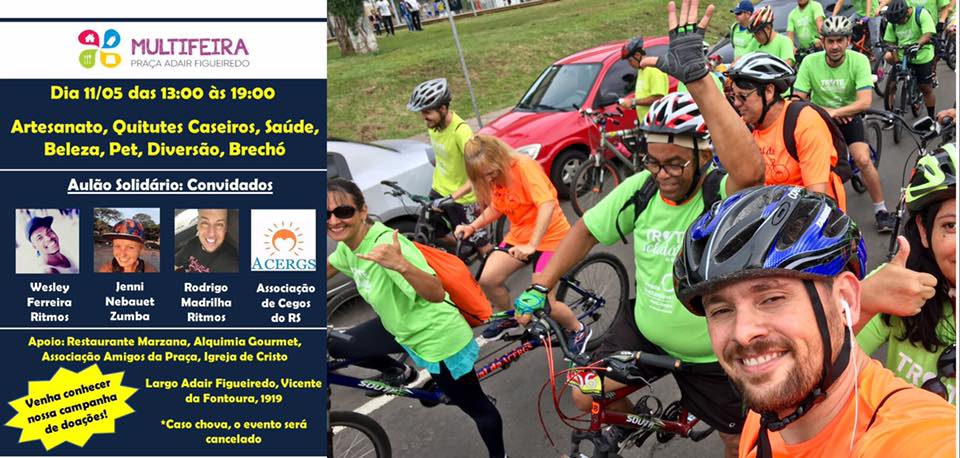 Descrição da imagem: montagem com um cartaz do evento do dia 11 e foto de ciclistas do grupo Pedal da ACERGS. Fim da descrição
