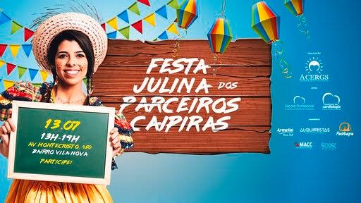 Descrição das imagens: cartaz digital da festa Julina com as informações do evento e demais logomarcas dos parceiros envolvidos. Fim da descrição.