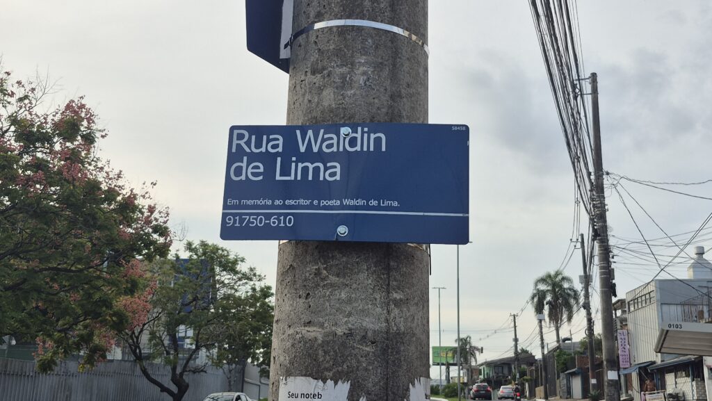 Placa azul de identificação de rua presa a um poste de concreto. O texto grande em branco diz “Rua Waldin de Lima”. Abaixo, em letras menores, aparece “Em memória ao escritor e poeta Waldin de Lima.” No canto inferior esquerdo está o CEP “91750-610”. No canto superior direito há o número “58458”. A placa está ao ar livre; à direita aparecem muitos fios em postes e, ao fundo, uma rua com carros e construções. À esquerda há árvores com folhas verdes e algumas flores rosadas.