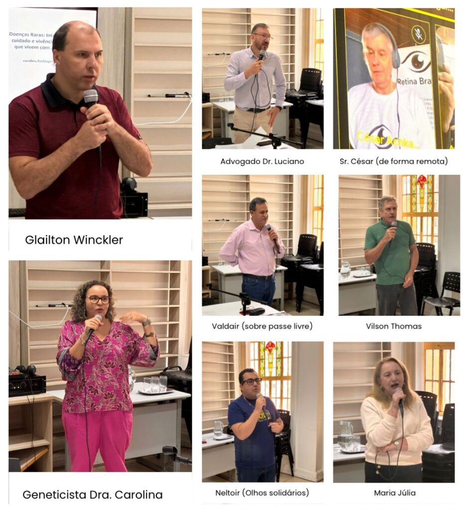 Montagem com oito participantes de um evento falando ao microfone em ambiente interno. À esquerda, em destaque, está Glailton Winckler. À direita, em fotos menores, aparecem: Advogado Dr. Luciano; Sr. César em participação remota por vídeo; Valdair (sobre passe livre); Vilson Thomas; Geneticista Dra. Carolina; Neltoir (Olhos solidários) e Maria Júlia.