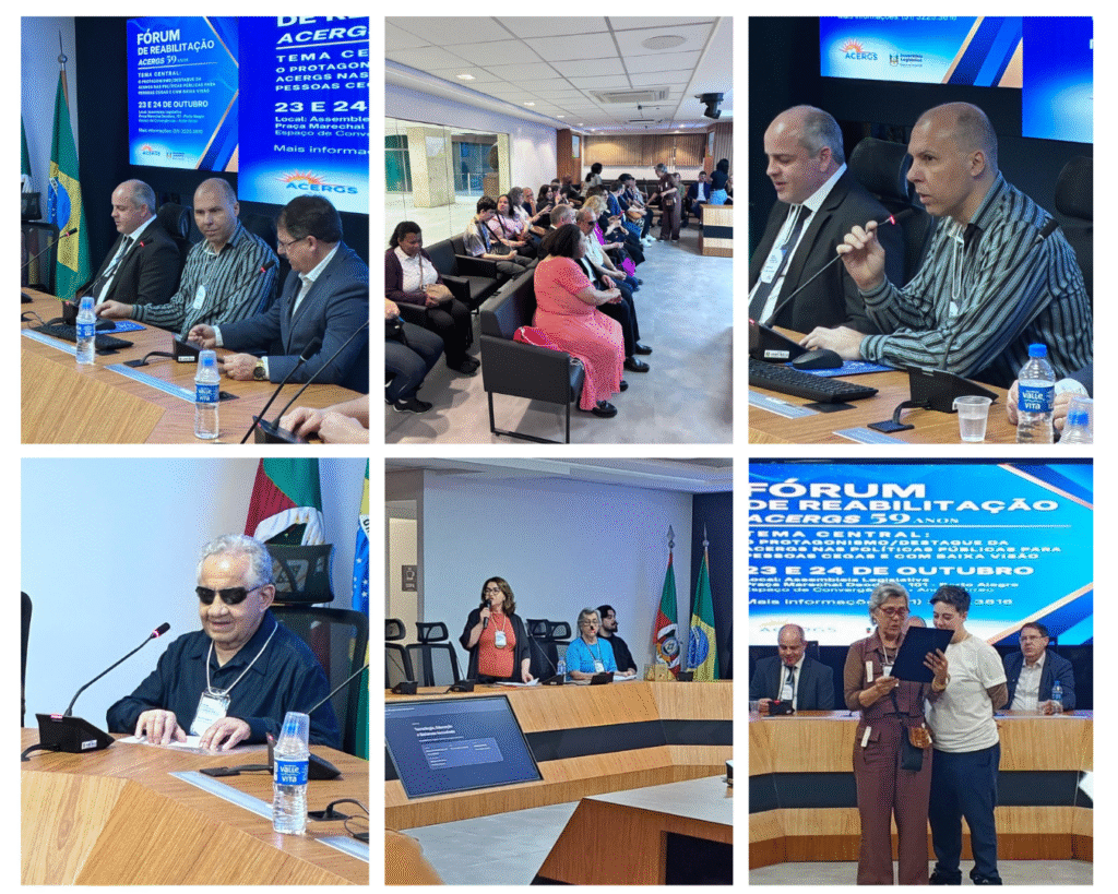 Montagem com seis fotografias do Fórum de Reabilitação, realizado nos dias 23 e 24 de outubro. As imagens mostram participantes reunidos em um auditório, integrantes da mesa de abertura e palestrantes utilizando microfones para suas manifestações. Um homem com deficiência visual, usando camisa listrada, participa da mesa e faz uso da palavra. Em outra fotografia, um homem com óculos escuros acompanha a atividade com as mãos sobre a mesa. A última imagem registra uma mulher lendo um documento ao microfone, acompanhada por outra participante. Ao fundo, aparecem bandeiras e um painel azul com informações sobre o evento.