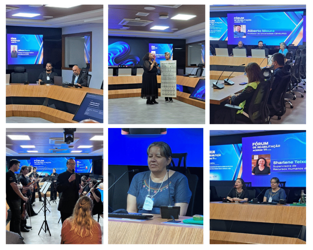 Montagem com seis fotografias do evento, mostrando palestrantes e participantes em um auditório com mesas de reunião e painéis digitais azuis com informações sobre o fórum. As imagens registram apresentações, debates e a participação de profissionais. Uma mulher apresenta um material com informações em braille, enquanto outras fotografias mostram músicos tocando instrumentos e participantes acompanhando as atividades.