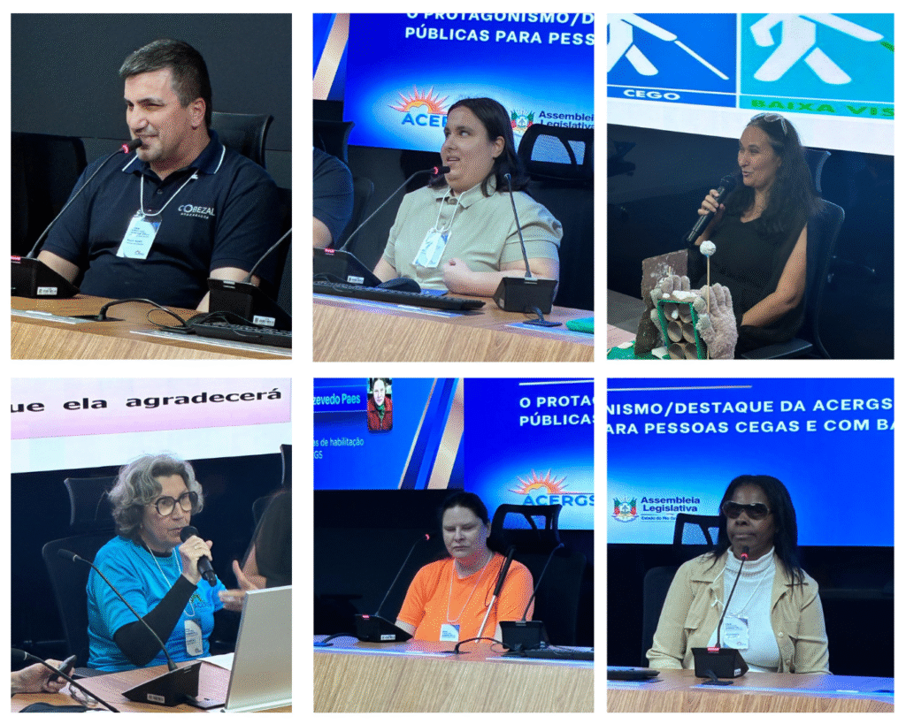 Colagem de seis fotografias que registram um evento sobre o protagonismo e o destaque de pessoas cegas e com baixa visão nas políticas públicas. As imagens mostram seis participantes em diferentes momentos do encontro, sentados à mesa de um auditório, com microfones e equipamentos de som, enquanto participam de uma roda de conversa ou atividade institucional. Ao fundo, painéis azuis exibem a identidade visual da ACERGS e da Assembleia Legislativa do Estado do Rio Grande do Sul. Entre os participantes, há pessoas com diferentes características, incluindo uma mulher usando óculos escuros, outra com deficiência visual aparente e pessoas que se expressam por meio de microfones de mão. A composição destaca a participação, a representatividade e o protagonismo das pessoas com deficiência visual em um espaço de diálogo e discussão de políticas públicas.